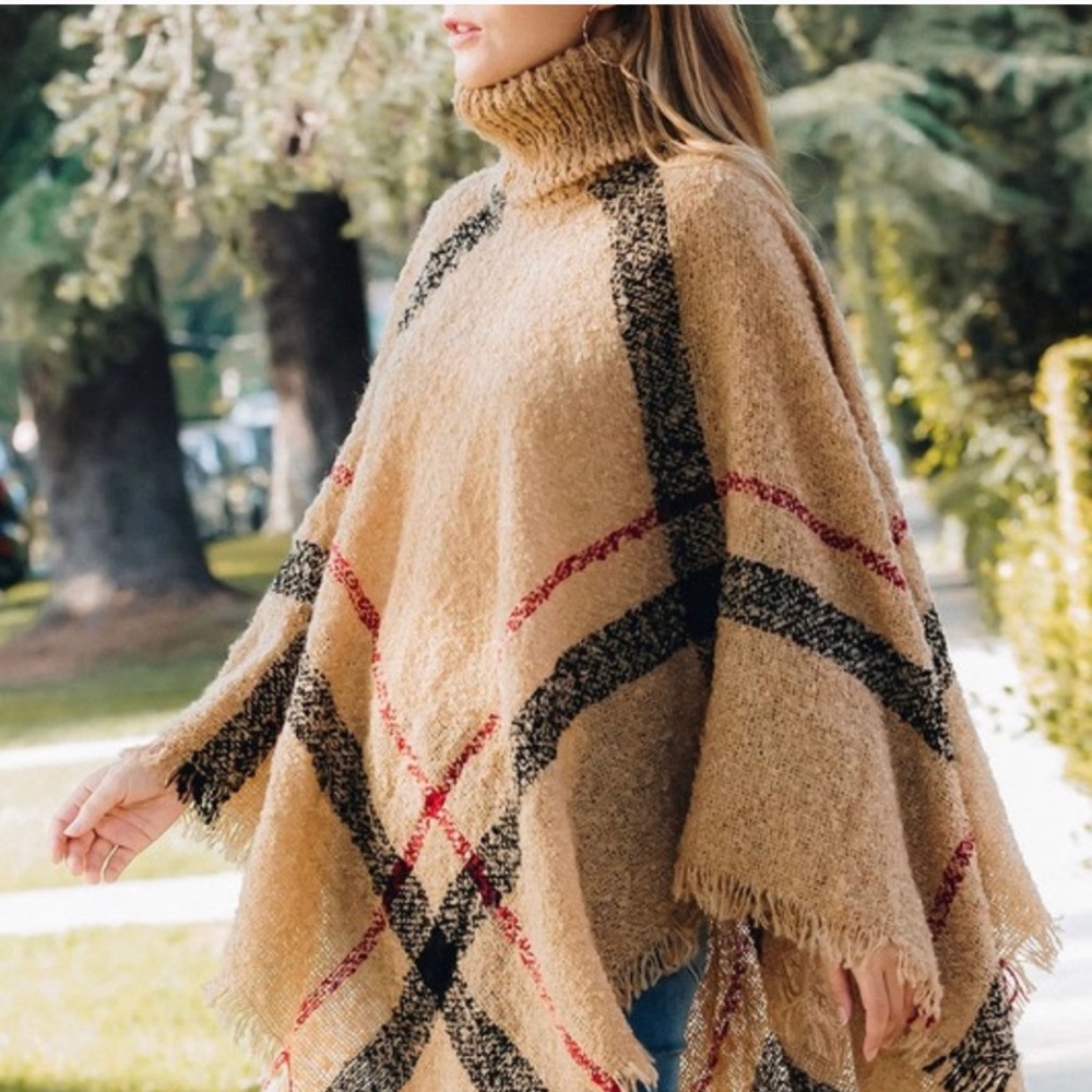 New! Plaid Poncho Turtleneck Sweater